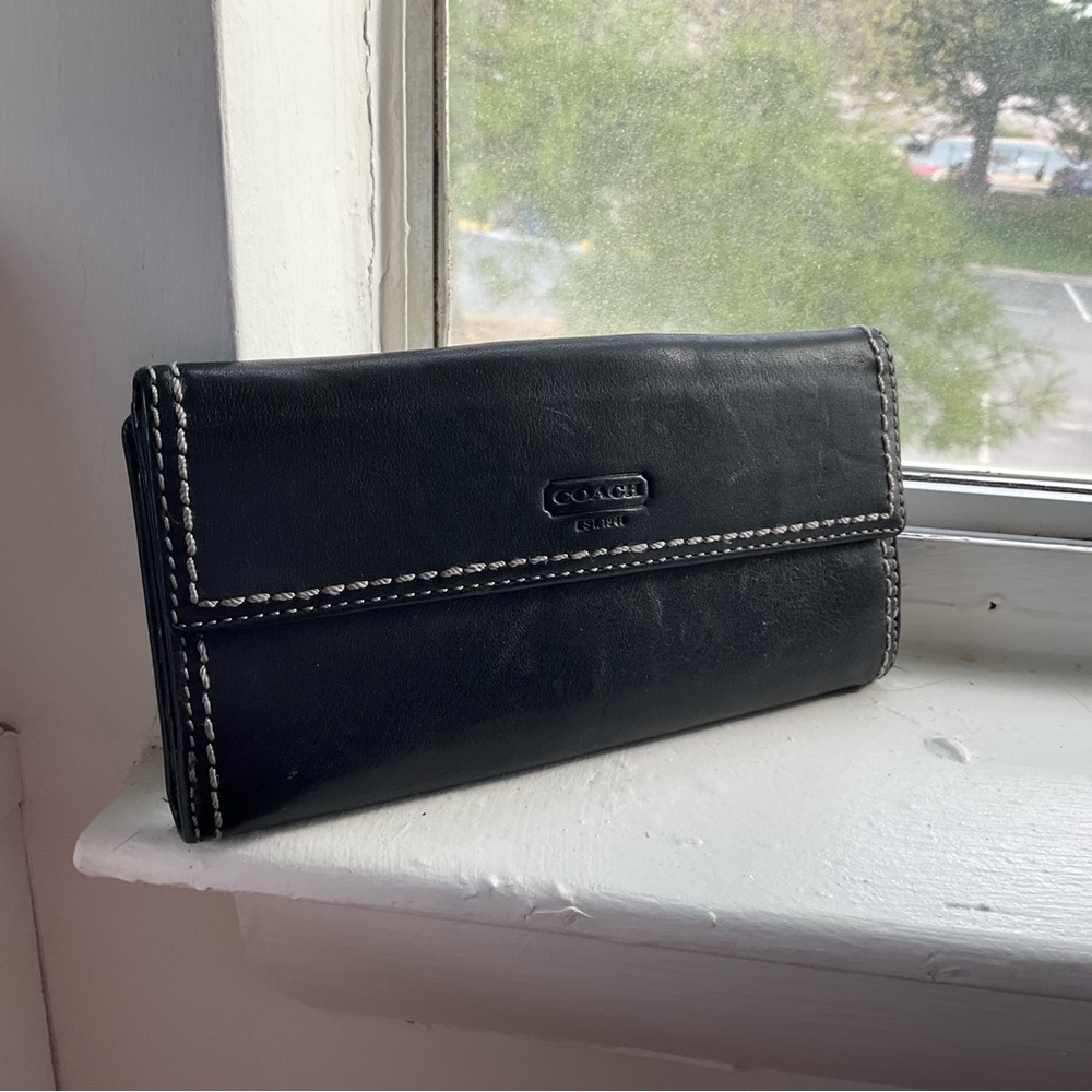 Coach Black Leather Fold Wallet with White Stitching